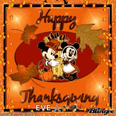 a happy thanksgiving card with mickey mouse and minnie mouse in pilgrim costumes