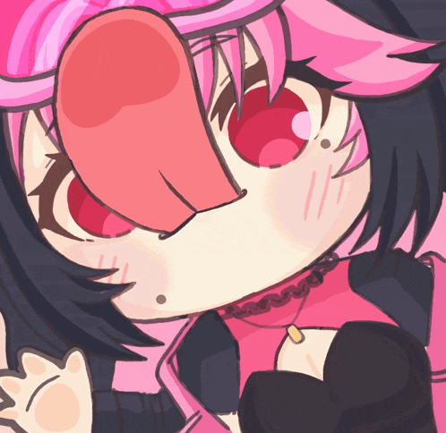 a drawing of a girl with pink hair and a big red nose