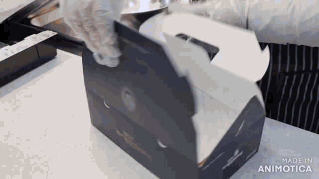 a person is opening a box with the words made in animatica on the bottom