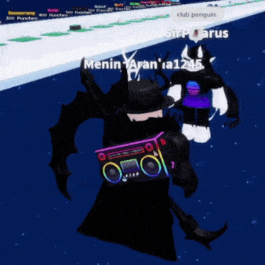a video game character named menin aran ' a12345 is holding a boombox