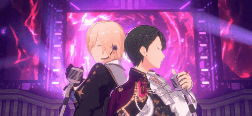 a couple of anime characters standing back to back holding microphones .