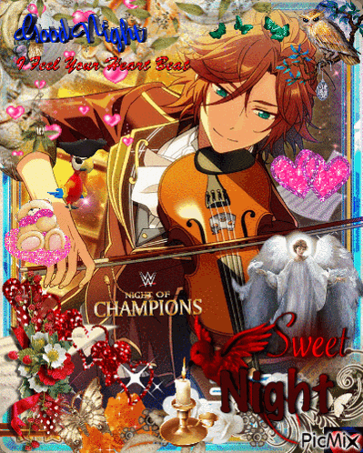 a picture of a man playing a violin with the words good night on it
