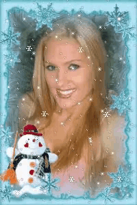 a picture of a woman and a snowman in a blue frame