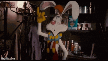 roger rabbit giving a peace sign in front of a box of chick-fil-a