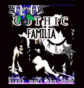 a poster that says gothic familia with a clock