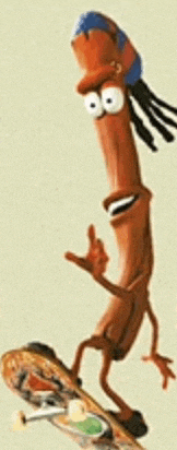 a cartoon sausage with dreadlocks is riding a skateboard and giving a thumbs up