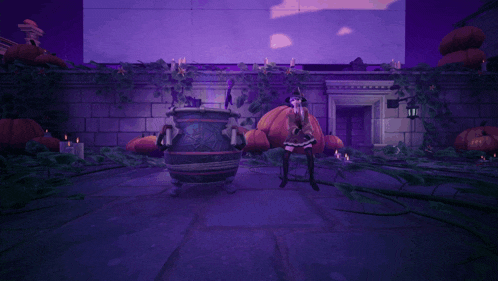 a video game scene with a cauldron and pumpkins with a purple background