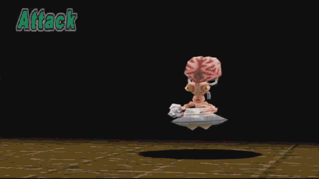 a cartoon character with a brain on his head is flying through the air .