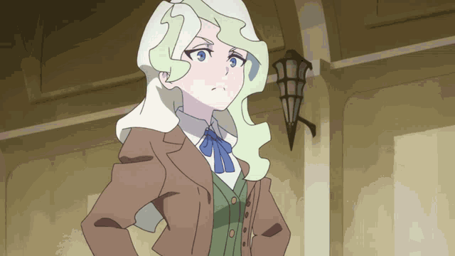 a girl with white hair and blue eyes is wearing a brown jacket