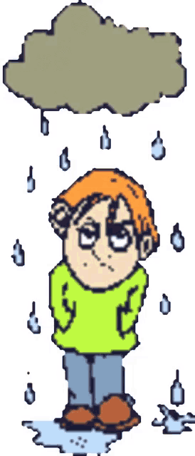 a cartoon of a boy standing in the rain with a cloud above his head