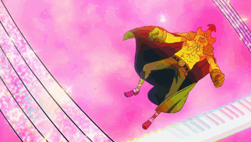 a cartoon character is flying through the air with a piano in the background