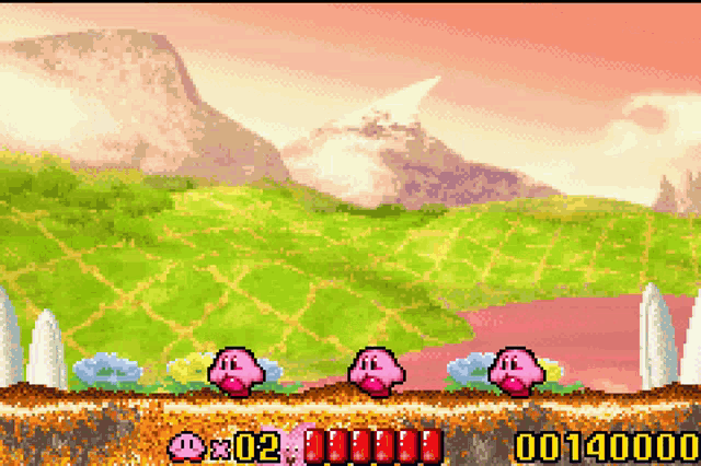 a screenshot of a video game with kirby and mountains