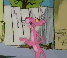 a cartoon pink panther is standing in front of a building