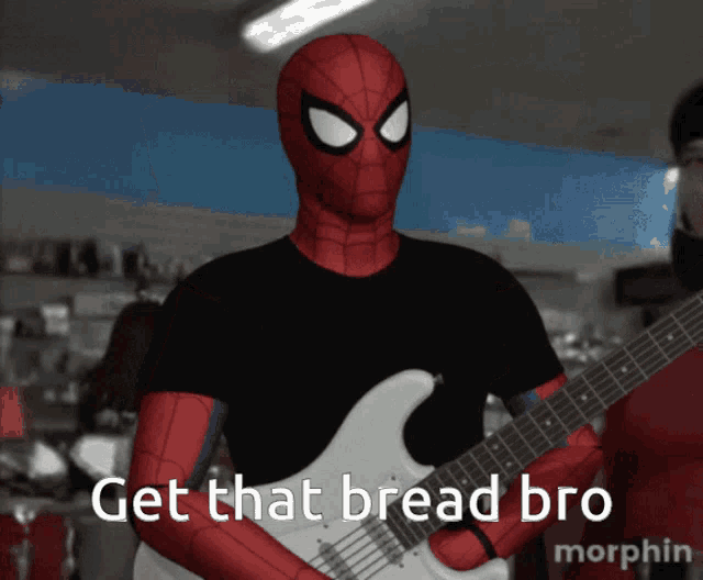 a spider man holding a guitar with the words get that bread bro written below him