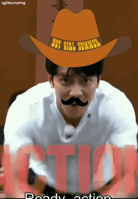 a man wearing a cowboy hat and a mustache has the word action in red letters