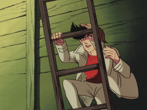 a man in a red shirt is climbing up a ladder
