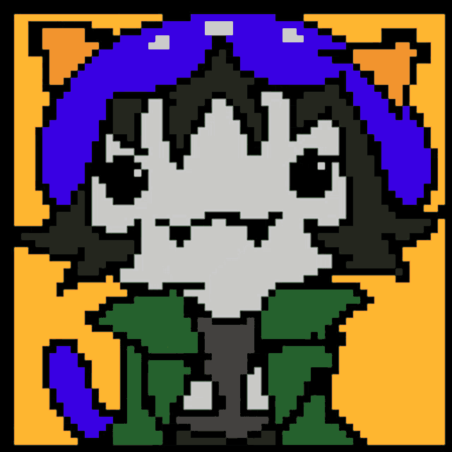 a pixel art of a cat with a blue hat on