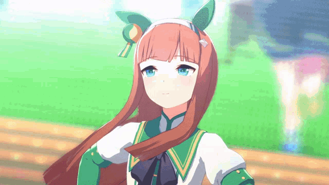 a girl with long brown hair and blue eyes is wearing a white and green outfit