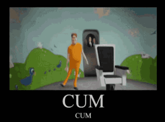 a cartoon of a man walking next to a chair that says cum