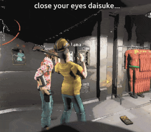 a video game scene with the words close your eyes daisuke on the top