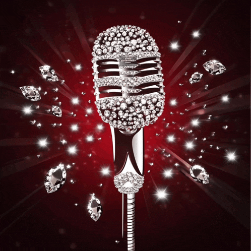 a microphone is surrounded by diamonds on a dark red background