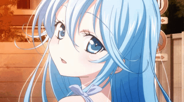 a girl with blue hair is standing in front of a sign