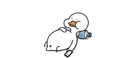 a cartoon duck is laying on the ground with a bottle of water and a cell phone .