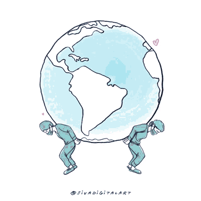 a cartoon drawing of two doctors carrying a globe with hearts around it