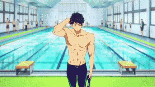 a shirtless man is standing in front of a swimming pool with his hand on his head .