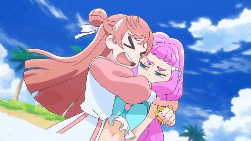 a cartoon of two girls hugging each other with a palm tree in the background