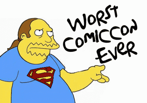 a cartoon of a man wearing a superman shirt says worst comic con ever