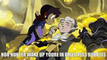 a cartoon of a girl standing next to a man with the words noo hunter wake up youre in dried piss bubbles below