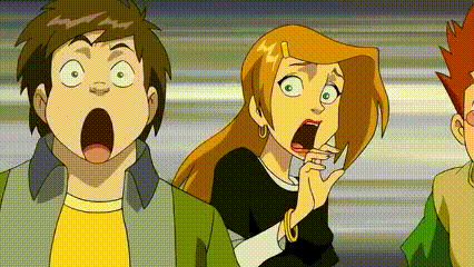 a group of cartoon characters are standing next to each other and one of them is making a surprised face .