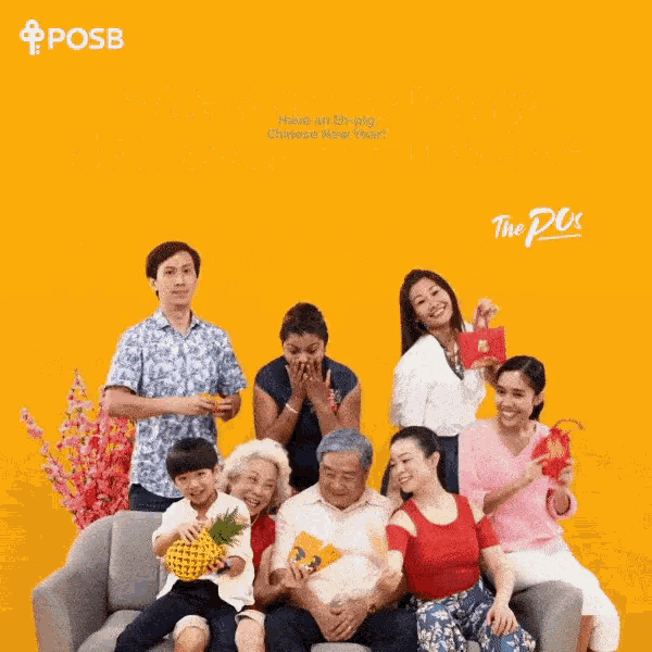 a group of people sitting on a couch with the words " have an eh-pig chinese new year " on the bottom