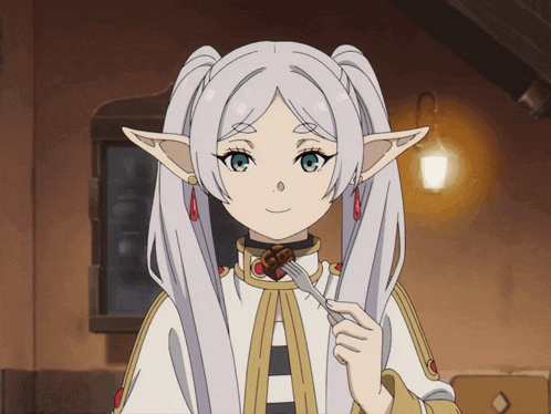 a girl with white hair is holding a fork