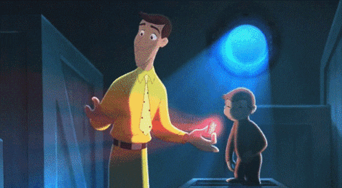 a man and a monkey are standing next to each other in a room with a blue light behind them