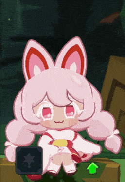 a cartoon character with pink hair and red ears is sitting on a box with an arrow pointing up