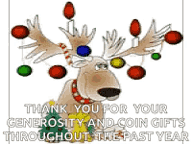 a cartoon reindeer with christmas lights on its antlers is wearing a scarf and a bow .