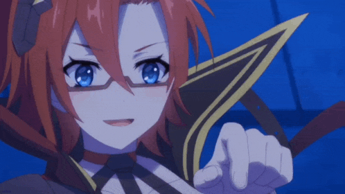 a girl with red hair and blue eyes is pointing her finger