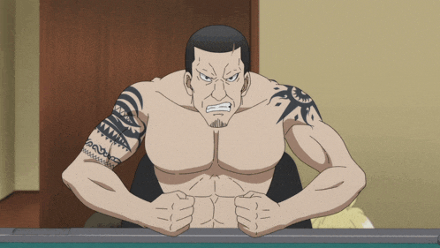 a man without a shirt has a tattoo on his arm with the letter a on it