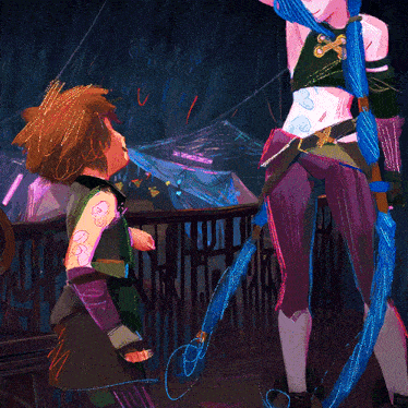 a drawing of a girl with blue hair and a sword