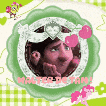 a picture of walter de tam with spongebob and pinkie pie on the background