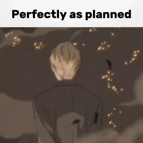 a close up of a man 's face with the words `` perfectly as planned '' written above him .