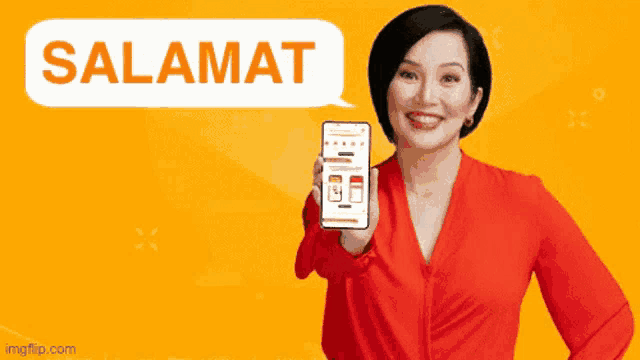 a woman in a red shirt is holding a cell phone in front of a yellow background that says salamat