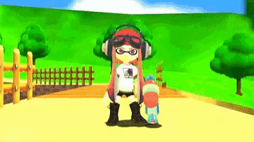 a cartoon character wearing headphones and goggles is standing in a park holding a gun .