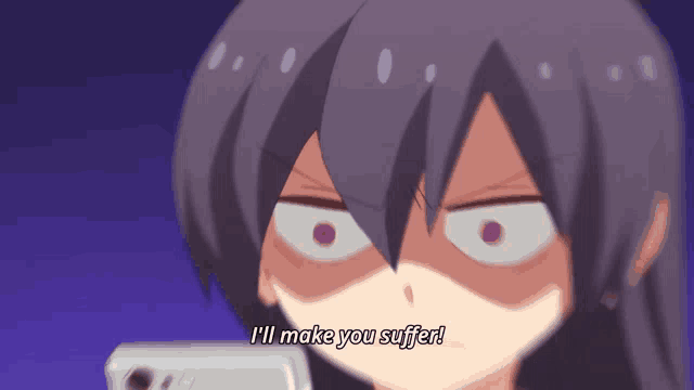 a cartoon character with purple hair says " i 'll make you suffer "