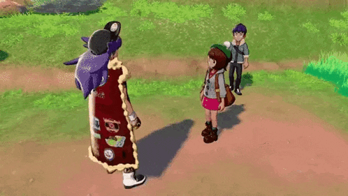 a man and a girl are standing in a field in a video game .