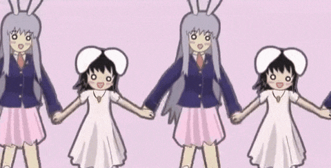 four anime girls are holding hands in a row .