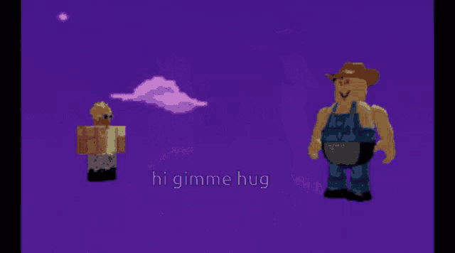 two cartoon characters are standing next to each other and the words hi gimme hug are on the screen