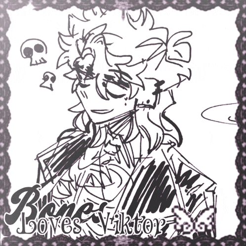 a black and white drawing of a person with the name bones viktor on it
